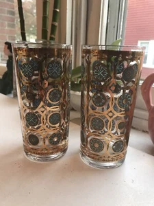 Vintage Set of 2 Midcentury Culver Aztec Tumblers - 22ct Gold, Aqua Turquoise - Picture 1 of 5