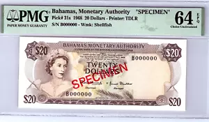 Bahamas 20 Dollars Pick 31s 1968 Specimen PMG 64 EPQ Uncirculated Banknote - Picture 1 of 13