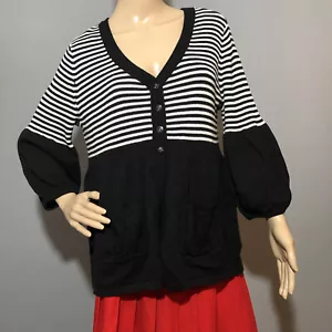 Daisy Fuentes Women Cardigan Sweater PXL VNeck Black White Stripe Bell Sleeve - Picture 1 of 12