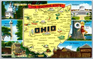 Vintage Ohio OH State Karte illustrierte Städte Dinge zu tun 1950er Chrom Postkarte - Bild 1 von 2