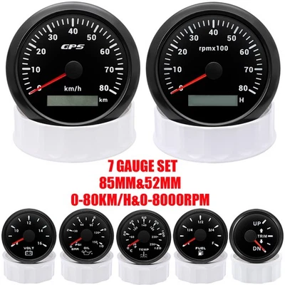 7 Gauge Set 85mm Black GPS Speedometer 80KM/H Tacho 8000RPM Gauge for Boat Car - Image 1 of 4