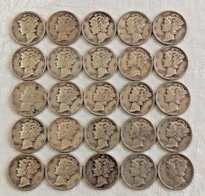 Lot Of 25 Silver Mercury Dimes 1/2 Roll Circulated 2.50 Face Value - Picture 1 of 4