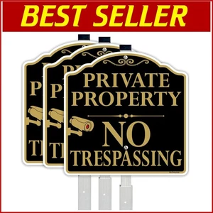 Fade Resistant Private Property Signs - 3-Pack with Bright Black & Gold Finish - Picture 1 of 10