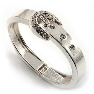Polished Silver Tone Crystal Belt Hinged Bangle Bracelet - Picture 1 of 4