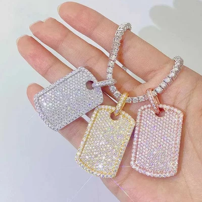 Colgante rectangular de moissanita helada para hombre de plata 925 de oro de 14 quilates cadena brillante gratis de 18"" Foto 1 de 4