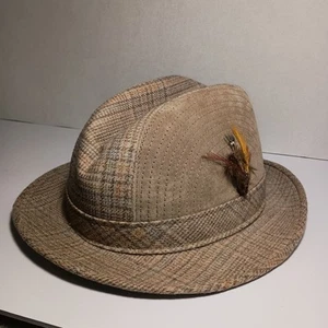 Vintage Hatquarters USA By Henschel Wool Fedora Hat Gray Tweed w/ Feather Sz XL - Picture 1 of 24