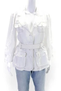 DKNY Jeans Womens Linen Striped Trimmed Buttoned Blazer Top White Size L - Picture 1 of 5
