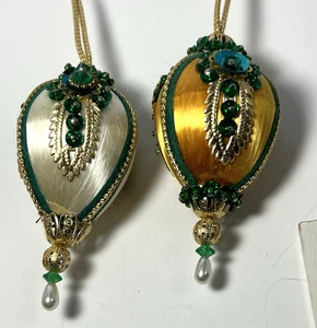 2 Vintage Christmas Beaded Teardrop Ornaments 3.25" with 2" Beaded String 2 - Picture 1 of 5