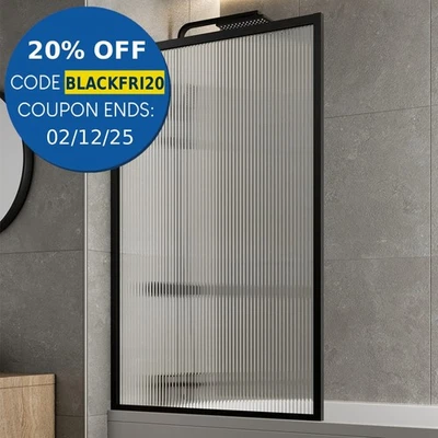 Matt Black Over Bath Shower Screen Fluted Glass Square Frame Reversible 800mm - Image 1 of 4