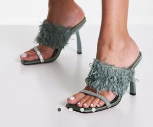 ASOS DESIGN Nettle faux feather embellished heeled mules in sage green, UK 5 - Picture 1 of 10