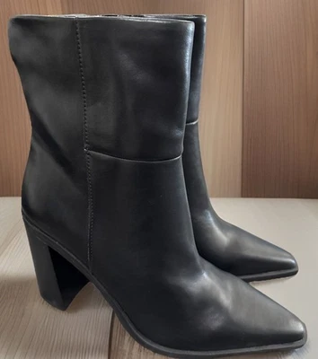 Steve Madden Mujeres Plata Punta Corta Tacón Bloque Cremallera Lateral Botas de Cuero Negras 10M Foto 1 de 4