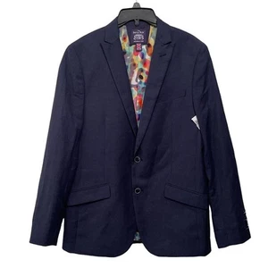 The Savile Row Mens Blazer Jacket 40L Blue Brit Skinny Linen Blend 2 Button - Picture 1 of 12