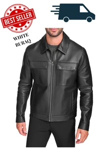 Men’s Genuine Leather Zip-Up Jacket by Cole Haan Classic Style with Chest Pocket - Picture 1 of 3