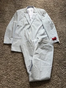 Emigre Classic Fit Blue Striped Two Button Cotton Seersucker Suit Size R48/42 - Picture 1 of 21