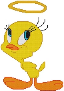 PUNTO CROCE + MOTIVO ARTIGIANALE Looney Tunes Tweety uccellino angelo aureola cartone animato canarino - Foto 1 di 16