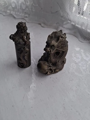 Vintage Bronze Foo Dog Seal And Bronze zodiac Dragon With Orb - Image 1 of 4