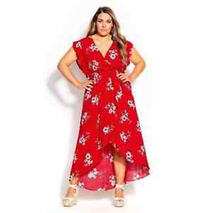 NWT City Chic Love Floral Frill Maxi Dress in Red Size 14