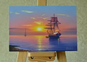 Dipinto ad olio del paesaggio marino su cartone, oceano, artista Stoev. "MARE SOLEGGIATO" - Foto 1 di 7