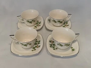 Vintage Paden City Pottery Green Ivy 8 pc Set Cups & Saucers Silver Trim 3 OZ - Picture 1 of 14