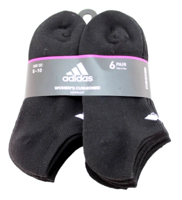 ADIDAS Talla 5-10 No-Show 6 pares de calcetines acolchados negros con logotipo blanco para mujer Foto 1 de 4