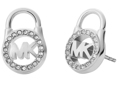 MICHAEL KORS Silver S/Steel MK Logo Padlock Stud Earrings Crystals MKJ741104+BOX - Image 1 of 4