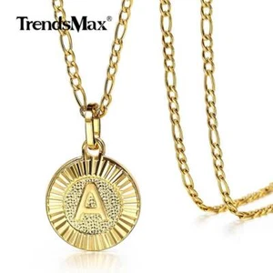 Gargantilla de cadena Figaro de acero inoxidable chapado en oro inicial letra colgante collar - Imagen 1 de 32