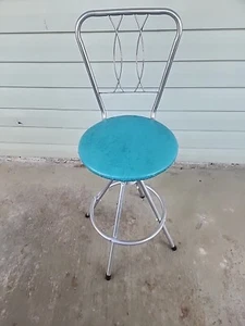 Vintage MCM Bar Stool Atomic Chrome Hourglass Back Aqua BLUE Swivel Retro - Picture 1 of 8