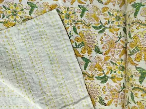 Yellow Floral Indian Handmade Cotton Bedding Kantha Quilt King Bedspread Throw - Picture 1 of 6