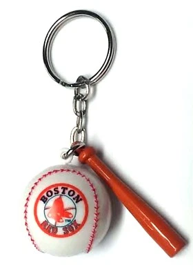 BOSTON RED SOX KEYCHAIN BALL & BAT 1" ROUND BALL LICENSED NEW MLB CHARM PULL - Image 1 of 2