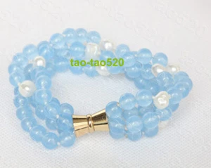 bracciale perle giada blu chiaro tondo naturale 8" 4 file 8mm chiusura magnetica j12325t - Foto 1 di 2