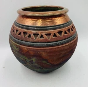 John Melkonian Copper Raku Studio Pottery Vase Incised Triangle Design Signed - Picture 1 of 8
