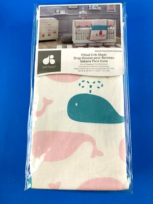 Just Born FITTED 100% COTTON CRIB SHEET "Sail Into Your Dreams" Pink Aqua WHALES - Image 1 of 4