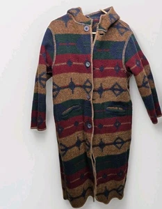 VTG Woolrich Reversible Navajo Aztec South Long Blanket Wool Trench Coat Size Lg - Picture 1 of 12