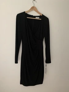 NWT Calvin Klein Long Sleeve Black Faux Wrap Dress Sz 10 Stretchy Formal LBD - Picture 1 of 11