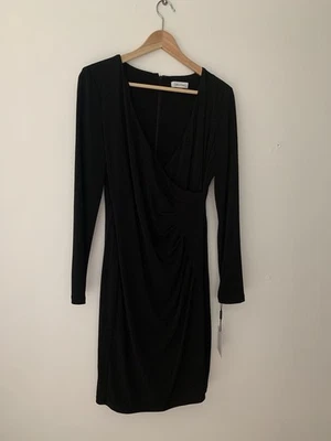 NWT Calvin Klein Long Sleeve Black Faux Wrap Dress Sz 10 Stretchy Formal LBD - Image 1 of 4