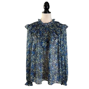Boden blaue transparente Bluse V-Passe Langarm Blumenmuster Rüschenakzent, US 16/18 - Bild 1 von 14