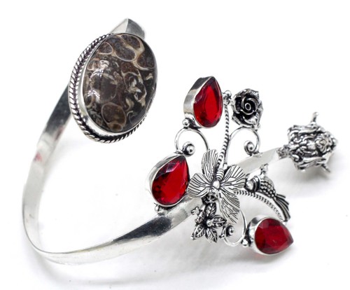 VALENTINO 925 Sterling Silver Turritella Agate Gemstone Jewelry Cuff Bracelet Size ADJ"