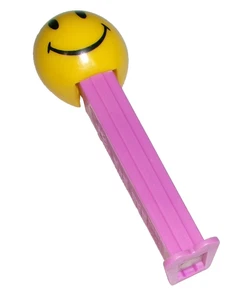 PEZ EMOJI ~ Vintage Pez ~ SMILEY FACE ~ 2003 ~ nicht mehr produziert [lose] Fuß - LILA STIEL - Bild 1 von 1