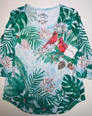 Новый с Ярлыками Coral Bay Рождественская рубашка M XL 1 X красный кардиналов 3/4 рукав праздник верхний мягкий - Изображение 1 из 3