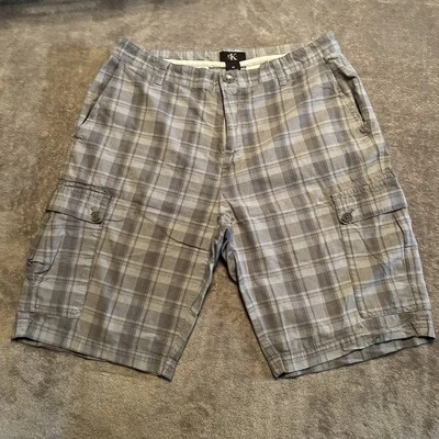 Calvin Klein Men’s Cargo Shorts 34 Gray Plaid 100% Cotton Classic Casual Pockets - Image 1 of 4