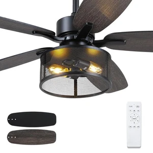 Farmhouse Ceiling Fan with Light and Remote,48" Black Industrial Caged Flush ... - Picture 1 of 8