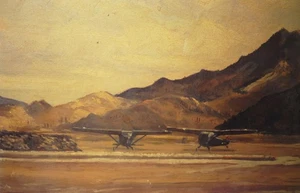 Vintage JOHN T. CLANCY Öl Leinwand Panel NEW ENGLAND oder WESTERNANSICHT mit FLUGZEUGEN - Bild 1 von 13