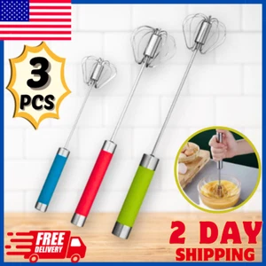 3 PCS Semi-automatic Egg Whisk Stainless Steel Hand Push Rotary Whisk Blender - Picture 1 of 10