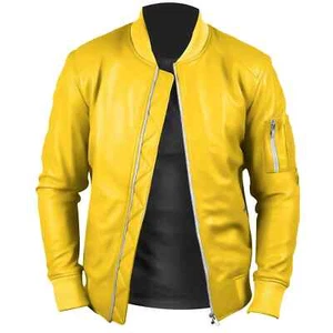 Men's Genuine Leather YELLOW Soft Lambskin Bomber Elastic Waist Jacket - Picture 1 of 5