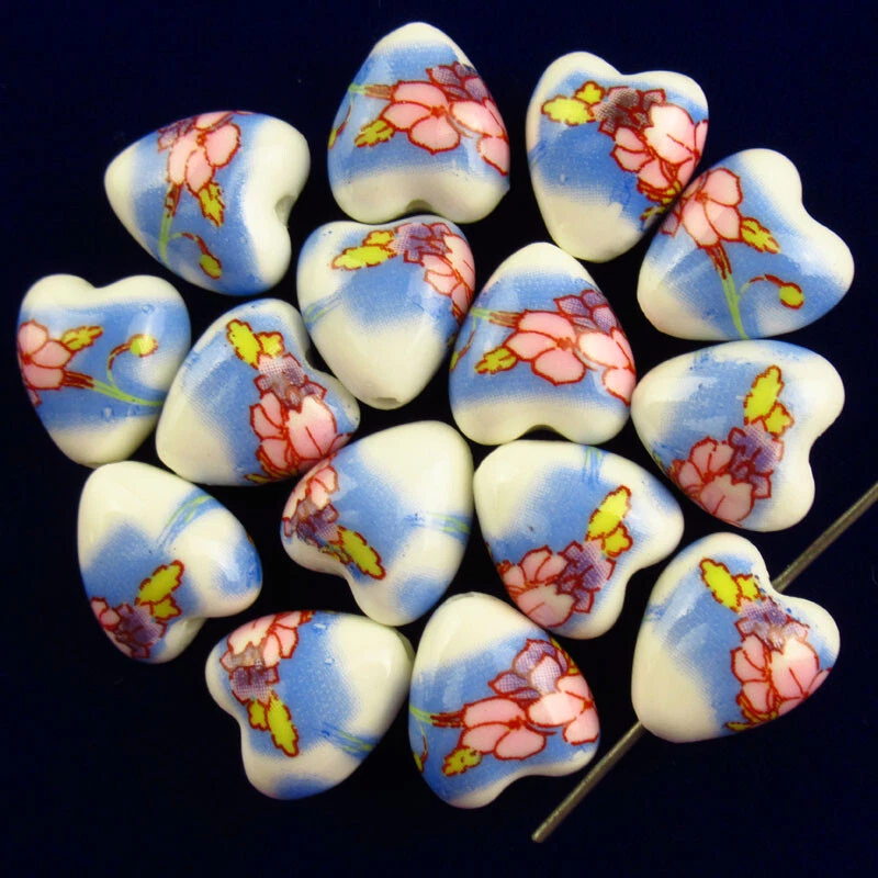 20Pcs 13x12x8mm Pink Blue Ceramic Porcelain Flower Heart Pendant Bead Y-680 - Image 1 of 4