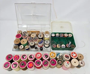 Vintage Wood Thread Spool Lot of 56 with 2 Plastic Cases Cotton Polyester - Picture 1 of 19