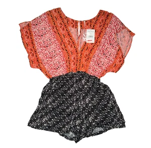 NEW Free People Women's Boho Arizona Romper Orange Black Deep V Neck Size Small - Picture 1 of 18