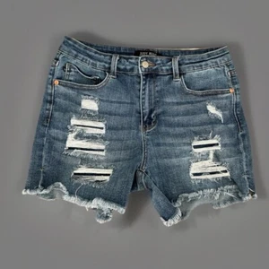 Pantaloncini Judy blu denim invecchiati orlo sfilacciato elasticizzato casual blu taglia L - Foto 1 di 6
