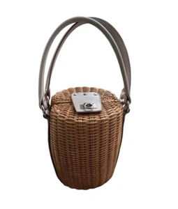 Salvatore Ferragamo leather x straw Basket Bag Hand Bag Gancini Pink Used - Picture 1 of 9