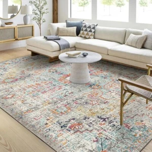 9x12 Teal Blue Accent Rug Boho Area Style Carpet Decor Medallion Retro Vintage - Picture 1 of 3